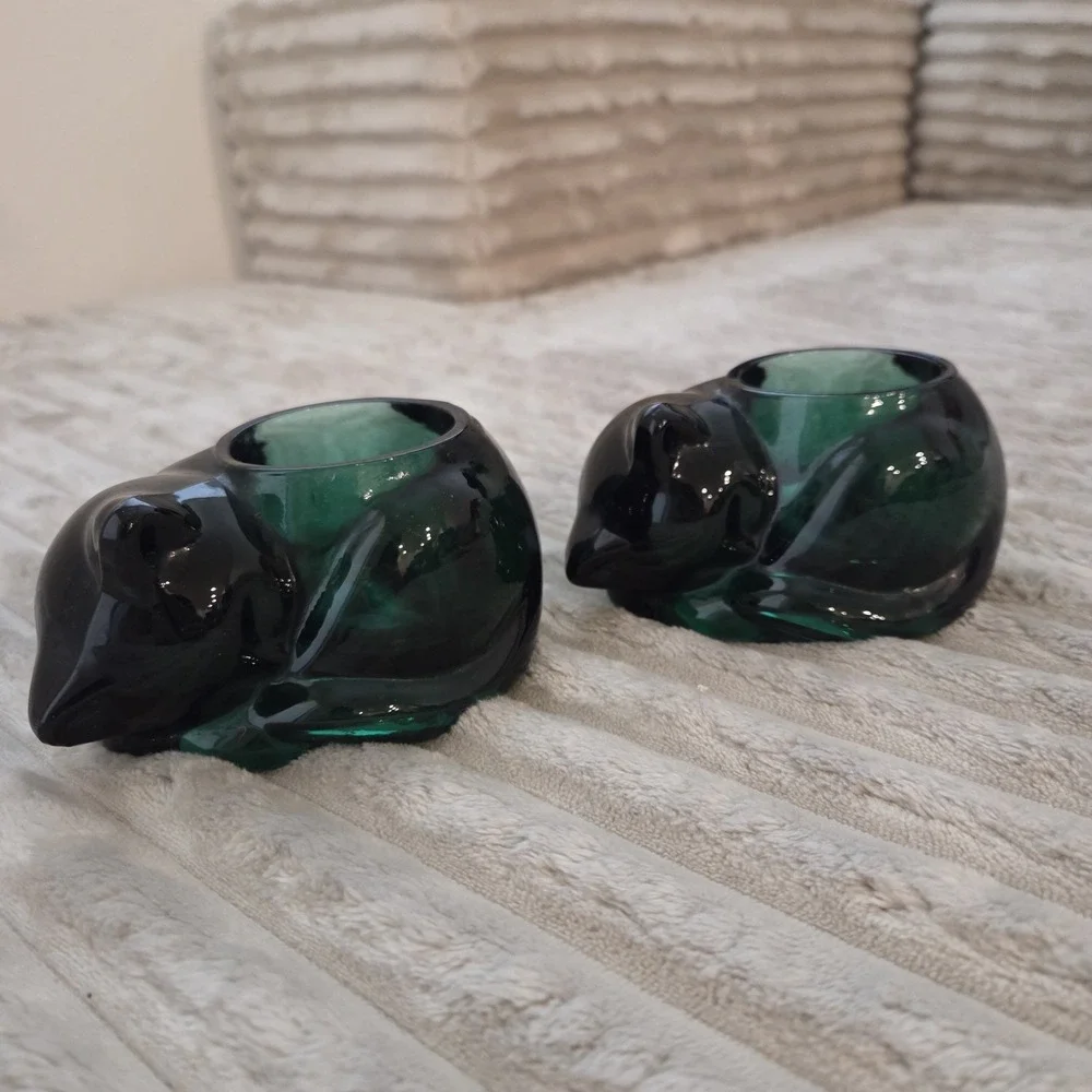 Lot of 2 Vintage Indiana Glass Emerald Green Sleeping Cat Votive Candle
